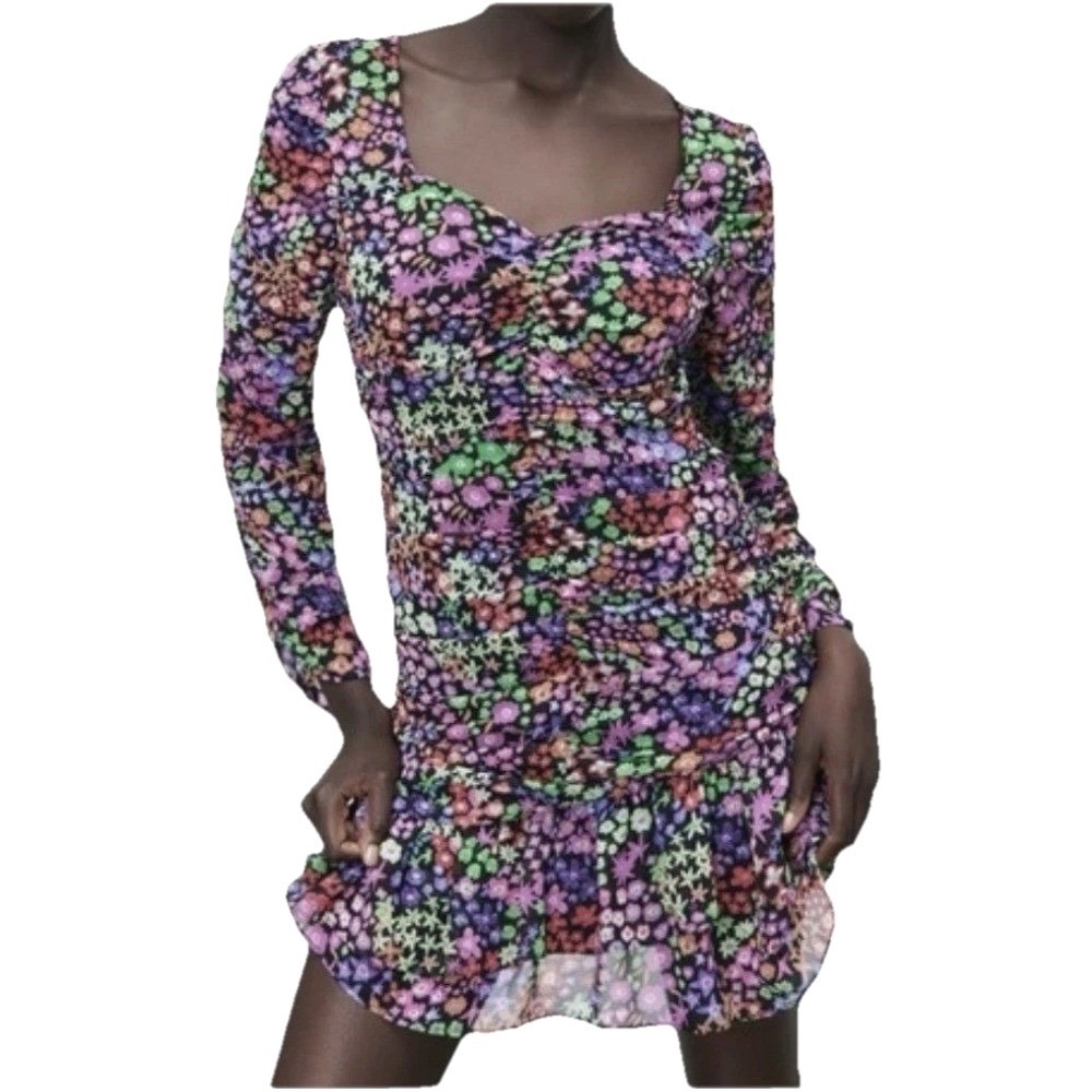 Zara Floral Ruched Mini Dress‎ Long Sleeve Sweetheart Neck Multicolor XS